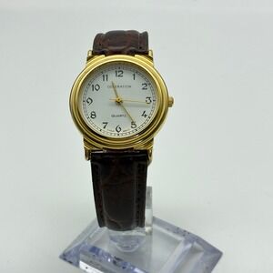 Generation Quartz Watch Gold Tone Round Case Brown Leather Strap White Dial